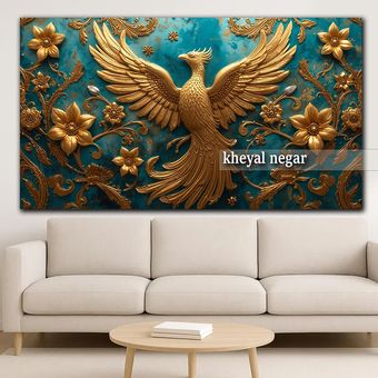 تابلوی ققنوس طلایی با گل های طلایی _ کد  O81