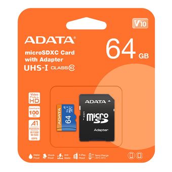 کارت حافظه microSDXC ای دیتا مدل Premier کلاس 10 استاندارد سرعت 100MBps ظرفیت 64 گیگابایت به همراه آداپتور و گارانتی اونگ