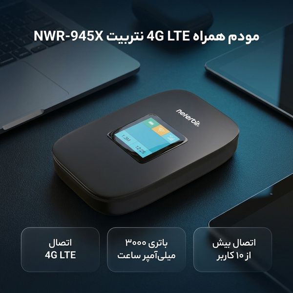 مودم همراه 4G LTE نتربیت مدل NWR-945X با باتری 3000 میلیآمپر ساعت، پشتیبانی از Wi-Fi 6، سرعت دانلود تا 150 مگابیت بر ثانیه، اتص