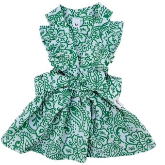 پیراهن حلقه‌ای سگ و گربه سفید سبز طرح بته‌جقه | لباس مجلسی دخترانه