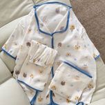 ست 3 تکه راحتی زنانه نخ کریشه شین‌دخت طرح تدی نوار آبی (بلوز دکمه‌دار، شلوار و شلوارک)