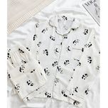 ست دو تکه بلوز و شلوار موسلین طرح پاندا و بامبو سفید فری سایز 38 تا 48 با کشسانی بالا