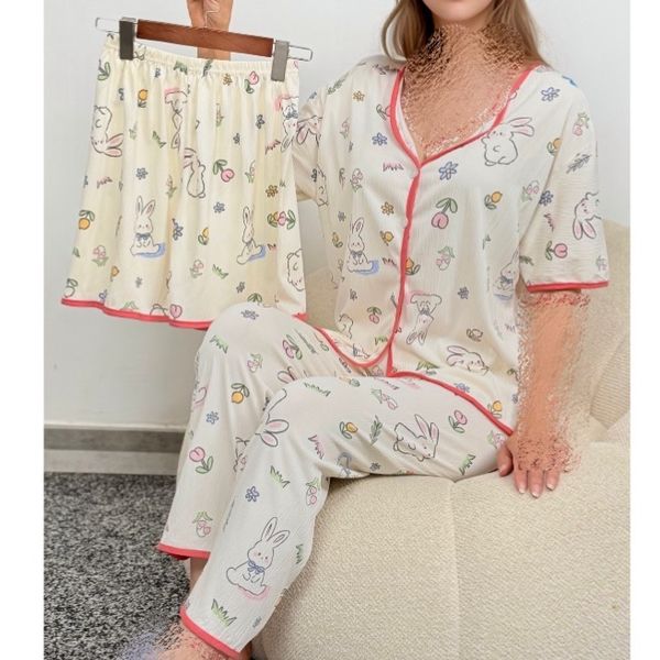 ست 3 تکه راحتی زنانه شین‌دخت نخ کریشه طرح خرگوش گوش‌دراز (بلوز، شلوار و شلوارک)