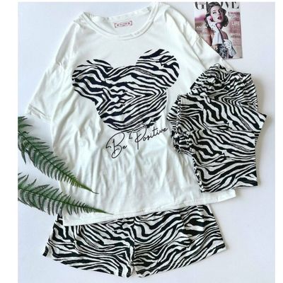 ست 3 تکه تیشرت، شلوار و شلوارک زنانه شین‌دخت طرح گورخری (Zebra)