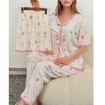 ست 3 تکه راحتی زنانه شین‌دخت جنس کریشه طرح سیب و خرگوش (بلوز، شلوار، شلوارک)