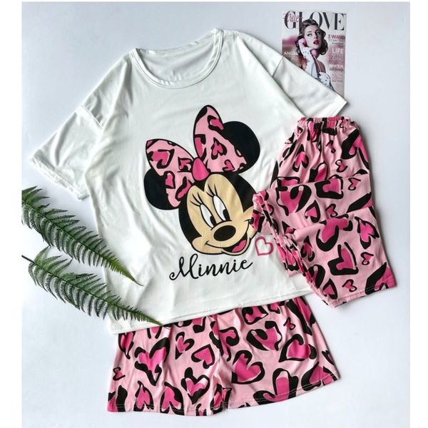 ست 3 تکه تیشرت شلوار و شلوارک زنانه شین‌دخت طرح میکی‌ماوس قلب صورتی