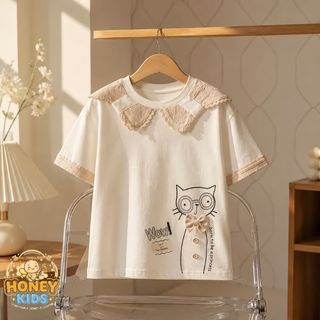 تیشرت دخترانه یقه گیپور طرح گربه