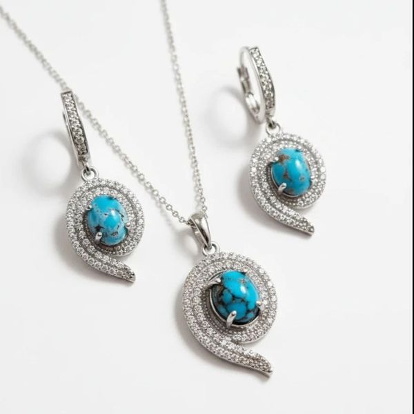 نیم ست نقره مجلسی با سنگ فیروزه