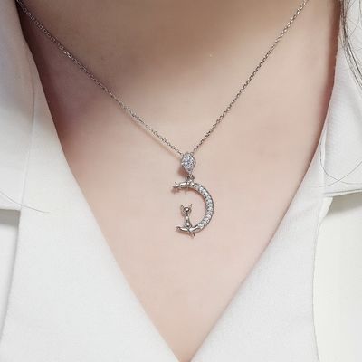 پلاک نقره زنانه هلال ماه و گربه