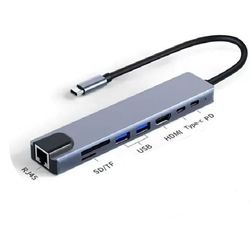 هاب 8 پورت 8in1 type-c به HDMI + 2*USB3.0 + 2*Type-c