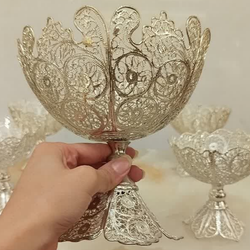 کاسه آجیل خوری مسی ملیله کاری آبکاری نقره شده