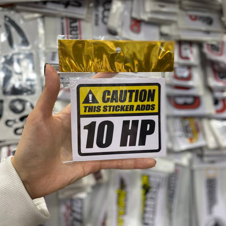 استیکر PVC طرح CAUTION THIS STICKER ADDS 10HP