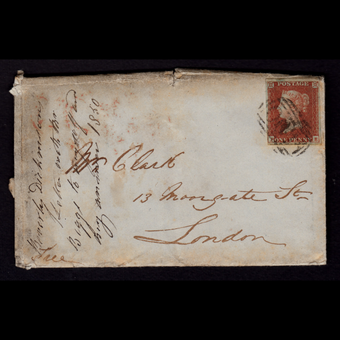 نامه قدیمی انگلستان با تمبر پنی قرمز بدون دندانه 1850