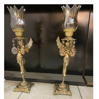 شمعدان رو میزی فرشته بالدار تمام برنز یک جفت