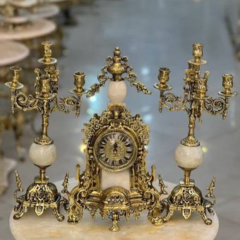 ست شمعدان و ساعت رو میزی برنز سنگی کنت