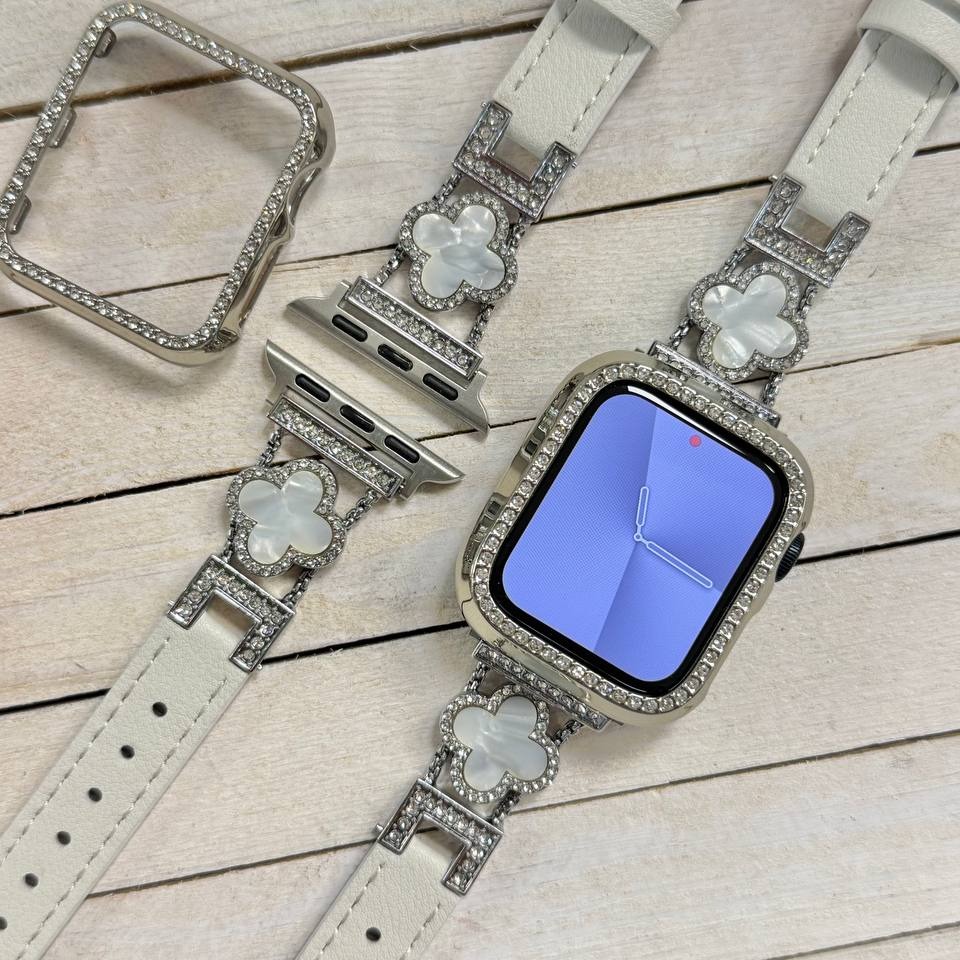 بند اپل واچ چرمی طرح ون کلیف با گارد نگین دار