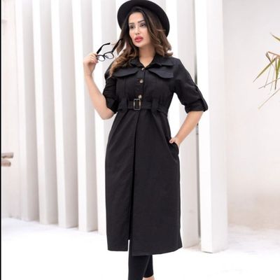 مانتو بارانی بلند زنانه کتان کمربند دار