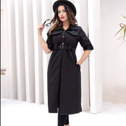 مانتو بارانی بلند زنانه کتان کمربند دار