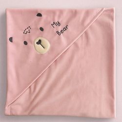 پتو دورپیچ گلدوزی مخمل کلاه دار چهارفصل طرح خرس صورتی