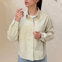 شومیز سفید کتان زنانه یقه مردانه مدل کراپ