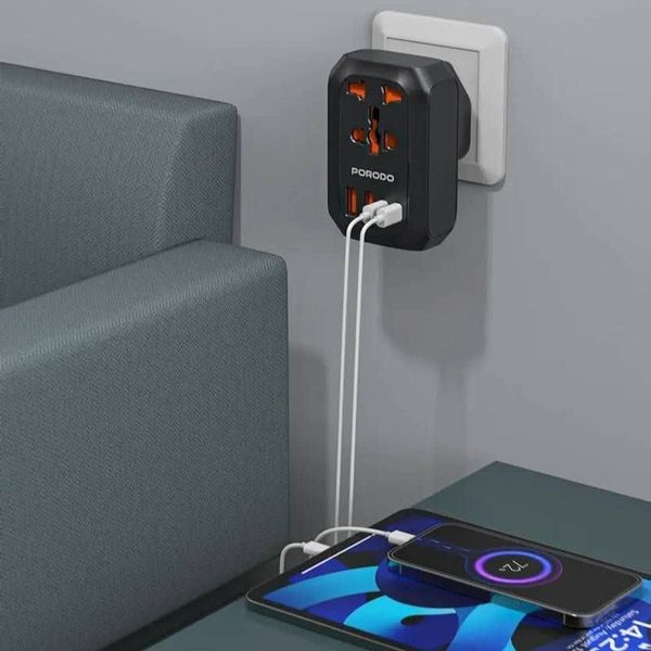 تبدیل برق و شارژر مسافرتی چندکاره (Universal AC Adapter) از برند Porodo مدل FWC044