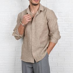 پیراهن لینن کرم تیره (بژ) REBI