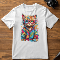 تی شرت سفید آستین کوتاه پسرانه مدل گربه رنگارنگ