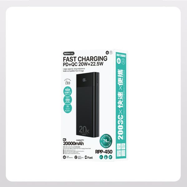 پاوربانک 22.5 وات ریمکس مدل RPP-450 22.5W ظرفیت 20000 میلی آمپر ساعت