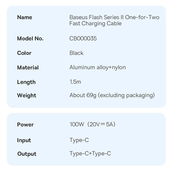 کابل تبدیل 1 به 2 USB-C باسئوس One For Two طول 1.5 متر