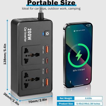 اینورتر خودرو 200 وات و شارژر فندکی فست شارژ ماشین تایپ‌سی گرین‌لاین GC-200