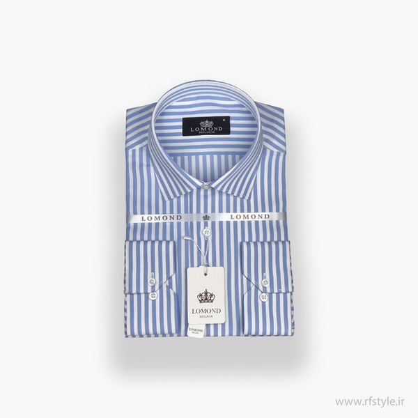 پیراهن مردانه راه راه درشت آبی‌آسمانی-سفید پارچه کتان