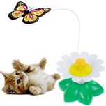 اسباب بازی گربه پروانه متحرک با پایه گل پلاستیکی، حرکت چرخشی و لرزشی برای تحریک و سرگرمی گربه، ابعاد 11x8x7 سانتی‌متر، وزن 120 گ