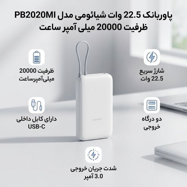 پاوربانک 22.5 وات شیائومی مدل PB2020MI ظرفیت 20000 میلی آمپر ساعت