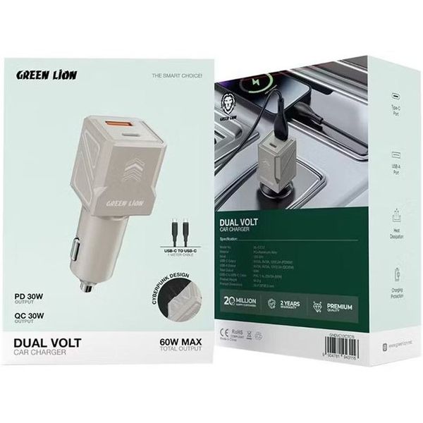 شارژر فندکی 60w دو پورت 1پورت PD دارای کابل دوسر گرین لاین GL-CC12 ( ضمانت اصالت - گارانتی طلایی تعویض ⭐)