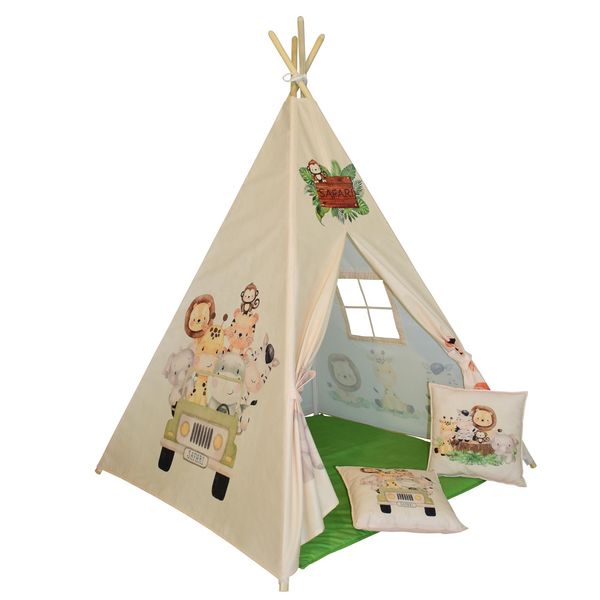 چادر بازی کودک مدل سرخپوستی طرح حیوانات سافاری کد PT503