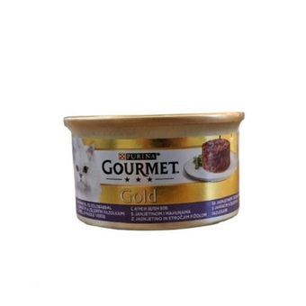 کنسرو غذای گربه بالغ گورمت مدل کیکی طعم بره و لوبیاسبز وزن 85 گرم