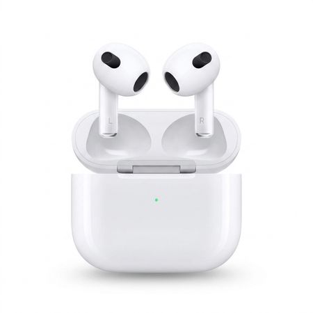 هدفون بلوتوثی اپل مدل AirPods 3 با نویز کنسلینگ میکروفون (ENC)، درگاه شارژ لایتنینگ، دارای سنسور تشخیص پوست و پشتیبانی از فرمان 