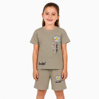 ست تی‌شرت آستین کوتاه و شلوارک راحتی دخترانه مدل Flower کد M16