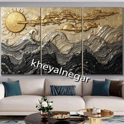 تابلو مدرن دریا و خورشید _ سه‌بعدی _ سه‌تکه / 🌊 کد t10