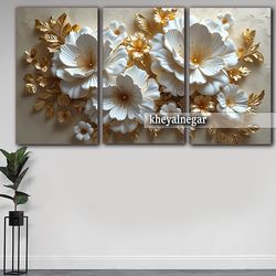 تابلو سه بعدی و سه تکه گل های سفید با برگ طلایی _ کد T 14