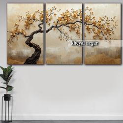 تابلو دیواری مدرن، طرح درخت با برگ های طلایی _ سه تکه _ کد T19