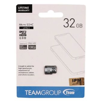 کارت حافظه microSDHC تیم گروپ کلاس 10 استاندارد UHS-I U1 سرعت 100MBps ظرفیت 32 گیگابایت با گارانتی مادام العمر