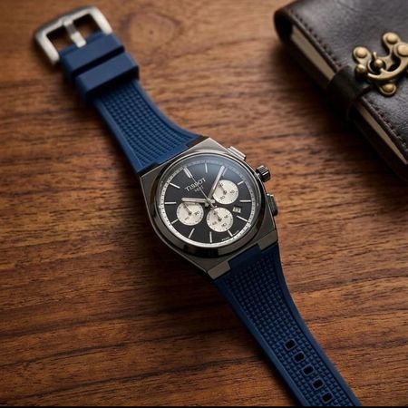 ساعت مچی مردانه تیسوت(Tissot) مدل PRX کرنوگراف | بند رابر سرمهای بدنه سیلور