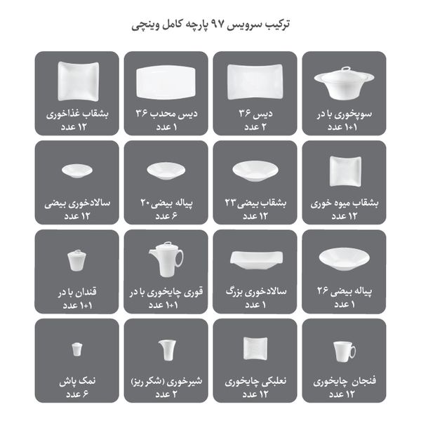 سرویس غذاخوری 97 پارچه چینی زرین ایران مدل سپینود درجه یک