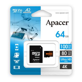 کارت حافظه microSDXC اپیسر مدل AP64G استاندارد HS-I U3 V30 A2 سرعت 100MBps ظرفیت 64 گیگابایت همراه با آداپتور SD