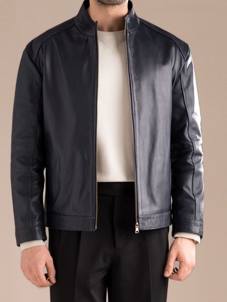 کاپشن چرم طبیعی سرمه ای ساده j195