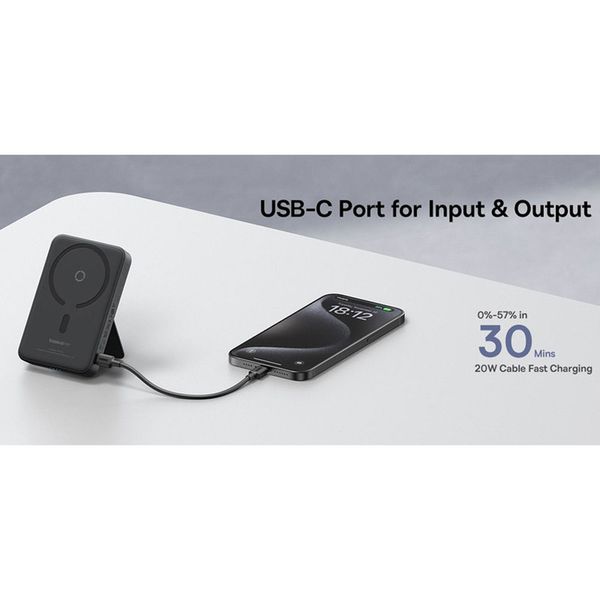 پاوربانک بیسیم 20 وات بیسوس مدل MagPro Magnetic Bracket 20w با ظرفیت 5000 میلی آمپر ساعت به همراه کابل USB-C به USB-C