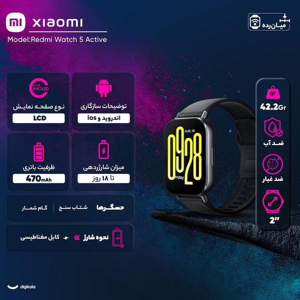 ساعت هوشمند شیائومی مدل Redmi Watch 5 Active دارای قابلیت های قابلیت مکالمه از طریق بلوتوث، قابلیت تغییر طرح ساعت یا تم بند پلاس