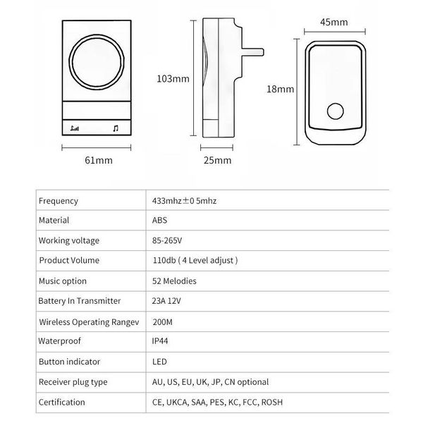 زنگ بی سیم مدل 2Q189-BB به همراه شستی