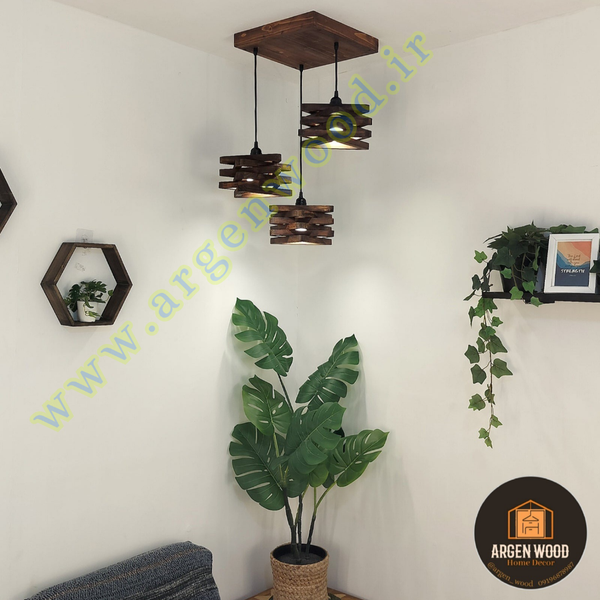 لوستر سقفی چوبی خاص 3 شعله نامنظم طرح ستاره ای
